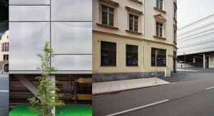  v. l.: Blick aus der Halle auf den Vorplatz, Grün im Transitorischen, „Stadtbaldachin“ mit historischem Bahnhofsgebäude rechts, Untersicht verspiegelt 