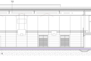  Energiekonzept/Schnitt, M 1 :  250	1 	Sonnenstandgeführte Vertikallamelle	2 	Prallwand mit integrierter Lüftungsführung	3 	Zuluftgitter bündig in Prallwand integriert	4 	Zuluftleitungen in Bodenplatte	5 	Zuluft	6 	Außenluft	7 	Fortluft	8 	Abluft über Schattenfuge	9 	Lüftungsanlagen mit Wärmerückgewinnung	10 	Deckenstrahl-Heizkörper mit integrierter LED-Beleuchtung	11 	Fernwärmeübergabestation  