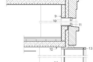  Fassadendetail, M 1 : 75	1	Cortenstahlblechverkleidung	2	Blechverkleidung, pulverbeschichtet	3	Windverband Fassade	4	Sonnenschutz außenliegend, Alu-Lamellen	5	Prallscheibe, VSG Verglasung	6	Erker, kalt	7	Rinne, Werkstein- oder Natursteinbelag	8	Blechverkleidung, Hohlraum gedämmt	9	Sonnen-, Blendschutzrollo	10	Mineraldämmplatte	11	Holzrahmenfenster, neu	12	Verdichtete Fassadensprinklerung	13	Metallverkleidung	14	PR-Konstruktion festverglast, absturzsichernd	15	LED-Schiene, umlaufend	16	Metallverkleidung, pulverbeschichtet, schwarz	17	Edelstahl geschliffen	18	Ganzglastüranlage	19	Türanlage Isolierverglasung		äußere Verglasung über Profil geklebt		im Bereich der Verklebung hinterlackiert	20	Bodenfluter	21	Bodenaufbau:		Sauberlauf		Estrich schwimmend, bewehrt		Dämmung		Bodenplatte	22	Edelstahlprofil 