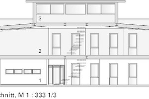  Schnitt, o. M.1: Erdgeschoss, Bestand2: Obergeschoss, Umbau zum Büro3: Dachgeschoss, neue Aufstockung 