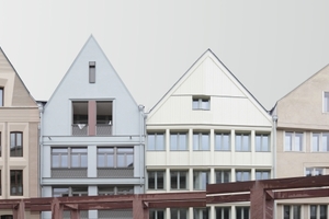  v.l.: „Steinernes Haus“ (heute Kunstverein, im Anschnitt), „Zu den drei Römern“ (Jordi &amp; Keller Architekten, Berlin), „Stadt Mailand“ (Michael A. Landes Architekt, Frankfurt am Main), „Goldenes Haupt“ (dreibund architekten, ballerstedt, helms, koblank, Bochum), „Alter Burggraf“ (Francesco Colloti Architetto, Mailand/I), „Goldene Schachtel“ (Tillmann Wagner Architekten, Berlin), „Altes Kaufhaus“ (Morger + Dettli Architekten, Basel), „Würzgarten“ (Denkmalkonzept GmbH, Bad Nauheim) 