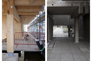  Links das Zitat der Betonstütze, rechts aus dem Betonbau des Bestands. Beide Stützen (gleicher Querschnitt) tragen zwei Balken 