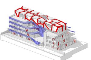  Gesamtansicht des BIM Modells in der Ausführungsplanung: Der gesamte Planungsprozess wurde mittels 3D BIM  bewältigt.  Alle Bauteile wurden räumlich als Kombination zwischen 3D Geometrie und Informationen im Gebäude-Datenmodell organsiert 