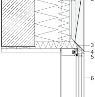  Detailschnitt Fassade, M 1 : 25 	1	Wandaufbau:		VSG aus Gussglas TVG, SGG Listral 		Keramischer Siebdruck als Punktraster		Hinterdruckung im Kleberandbereich  		Reflektor, Edelstahlblech gekantet		d = 1mm, poliert, verschraubt mit Adapterprofil		Hinterlüftung 20 mm		Wärmedämmung 300 mm 		Stahlbeton 300 mm	2	Konsole, verzinkt, mit thermischer Trennung	3	Phonothermblock		Auflageblech, Aluminium d = 1 mm	4	Vlieskaschierte Entlüftungsöffnungen im 		Kassettenrand	5	Fassadenprofil 120/50/2	6	Sonnenschutzglas		Keramischer Siebdruck als Punktraster		Hinterdruckung im Kleberandbereich 