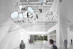  Foyer mit dem Kunstwerk „Sundial for Spatial Echoes“ von Tomás Saraceno ↓Die Ausstellung wird vom Kuratorenteam der Klassik Stiftung gemeinsam mit den Architekten Holzer Kobler konzipiert. 