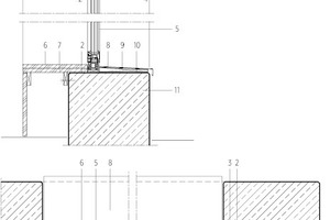  07 Fassadenschnitt mit spezifisch für Infraleichtbetonwände entwickelten Fensteranschlussdetails1	Schattenfuge2	Anschluss nach RAL3	Kompriband4	Tropfkante5	Aluminiumfenster6	Sitzbank Holz7	UK Holz8	Fensterbank Aluminium9	Unterfütterung Holz10	Abdichtung11	ILC 700 (Infraleichtbeton) 