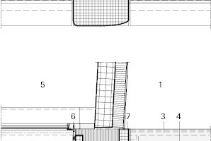  Detail Knoten Loggia, M 1 : 50↓1	Außenraum Loggia2	Prefab. Betonstütze, grobsandgestrahlt3	Eingespanntes Glas4	Handlauf Metallprofil5	Innenraum6	Dauerelastische Fuge7	Prefab. Betonstütze, grobsandgestrahlt/ gedämmt 