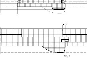  Detail Knoten Außenfassade, M 1 : 501	Dauerelastische Fuge2	Lüftungsflügel3	Abdichtung zum Baukörper	mit dauerelastischer Fuge4	Wasserfolie5	Vergussmörtel6	Ausstopfung Steinwolle7	Seidenzopf8	Vorkomprimiertes Dichtungsband9	VK Betonelement Höhe Fensterbank 