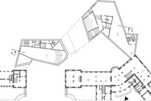  Erdgeschoss, M 1:1 500↓01	Auditorium02	Ausstellung03	Verbindung zum Neubau04	Neuer Haupteingang05	Foyer06	Shop07	Bar08	Restaurant09	Studienzentrum 