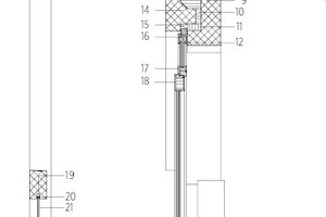  Fassadenschnitt, M 1 : 501	Fenster 3-fach IV/ U-Wert Fenster ≤ 0,9 W/M2K	U-Glas ≤ 0,6 W/M2K/  G-Wert = 0,35 2	Massivholz Lärche geölt3	CNS-Abdeckung pulverbeschichtet, Folie auf geschliffenem Beton/ unbehandeltem Holz4	Sichtbeton aufgestockt5	Verbindung auf Stahlwinkel6	Fuge luft-/ dampfdicht, darunter Seidenzopf stopfen7	Sichtbeton 3-5 mm geschliffen, gereinigt und imprägniert8	Innendecke Sichtbeton mit thermoaktivem Bauteilsystem, 40 cm9	Innere Fassadendreieckswand mit Sichtbeton, 24 cm10	Foamglas Bords, stehend11	Foamglas Bords, liegend12	Montageband luftdicht und feuchteadaptiv13	XPS Jackodur, Stösse verklebt druckfest 14	Äußere Fassadendreieckswand, Sichtbeton, 18 cm15	Weiche Dämmung16	Abdichtung gegen Spritzwasser17	Glasleiste außen18	Massivholz Lärche geölt19	Gummiprofil punktuell20	Glaseinstand mind. 20 mm21	VSG Swisslamex22	Flachstahl als Halterung des Glases,	einseitig auf Fußplatte geschweißt,	andere Seite verschraubt, 150x150x10 mm23	Gummimatte weich 150x80x10 mm24	Fußplatte mit Beton verschraubt25	Speier: sämtliche Metallteile Stahl, 	an Unterseite Tropfnase geschraubt 