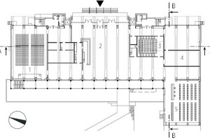  Erdgeschoss, M 1 : 1 000	1	Veranstaltungssaal	2	Foyer mit Bar	3	Kino	4	Ausstellung	5	Bibliothek	6	Atelier	7	Medialab	8	Fotostudio	9	Unterrichtsraum	10	Büro	11	Lichthof	12	Besprechung 