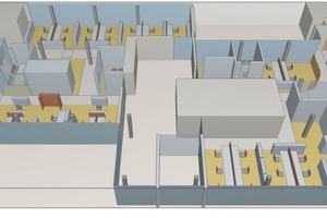  Die vom Akustikbüro Oldenburg erstellten 3D-Modelle zeigen die verwendeten Materialien mit ihren akustischen Eigenschaften. Durch Ray-Tracing werden die Schallausbreitung und die akustischen Eigenschaften des Raums simuliert. Schallabsorbierende Flächen sind dunkel dargestellt, schallreflektierende Flächen hell  