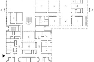  Grundriss, M 1 : 1 000	1	Unterrichtsraum	2	Ganztägige Betreuung	3	Mehrzweckbereich	4	Teamraum	5	Lemnischen	6	Lichthof	7	Mehrzweckraum	8	Musiksaal	9	zentrale Treppe	10	Speiseraum	11	Küche	12	Krippe	13	Multifunktionsraum	14	Kindergarten	15	Spieleflur	16	Mehrzweckraum Kita	17	Verwaltung 