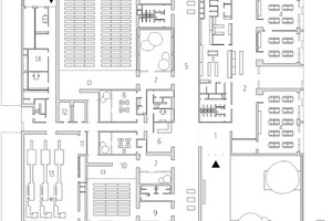  Grundriss Erdgeschoss, M 1 : 1 000	1	Besuchereingang	2	Cafeteria	3	Küche	4	Esszimmer	5	Halle	6	Empfang	7	Kondolenzraum	8	Familienzimmer	9	Eingangskammer	10	Feierliche Halle 	11	Sichtkammer	12	Archiv	13	Ofen	14	Technische Räume	15	Serviceeingang  