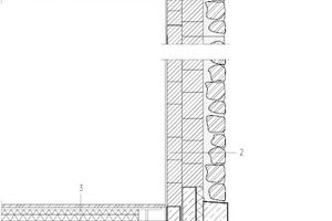  Fassadenschnitt, M 1:50
	1	Dachaufbau:Bekiesung, 6,0 cmBit. Abdichtung, 1,0 cmGefälledämmung 2%, 2 – 26 cmMindestdämmung, 12,0 cmBitumen Dampfsperre, 1,0 cmStahlbetondecke – Ortbeton, 8,0 cm 
	2	Wandaufbau:Innenputz, 2,0 cmHLZ Porotherm, 17 cmHLZ Porotherm, 24,0 cmKalkzementputz, 2,0 cmDrainagematte, 2,0 cmNatursteinmauer, 24,0 cm
	3	Bodenaufbau:Holzboden Eiche, fallende Breite, 3,0 cmBlindboden, 2,7 cmBalken auf TSD, 5,6 cmKonterbalken dazwischen Holzlehmschüttung, 5,0 cmSchiftholz, 2,7 cmAufbeton, 25,0 cmFertigteildecke mit Akustikelementen, 8,0 cm
	4	Bodenaufbau:Naturstein, 7,0 cmEstrich, 9,0 cmPE-FolieTrittschalldämmung 2,0 cmEPS Schüttung, 10,0 cmStahlbetondecke, 25,0 cm
	5	Wand gegen Erdreich:NoppenmatteXPS-Dämmung, 10 cmWU-Beton, 25 cm 