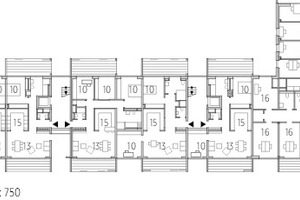  Grundriss 2. Obergeschoss, M 1 : 7501     Gastraum2    Nebenräume3    Verkaufsraum4    Pausenraum5    Lager6    Eingang Büro Praxen7    Bestand8    Eingang Wohnungen9    Rasenfläche10   Zimmer11    Wohnen12    Kochen / Essen13    Wohnen / Essen14    Abstellraum15    Küche16    Büro 