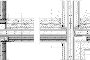  Detailschnitt, M 1:20 ↓	1	Aluminium-Glattbleche 4 mm	2	Einhängebefestigung, z.B. Agraffensystem	3	Vertikale Unterhonstruktion	4	Aluminium-Fugenhinterlegung	5	Schwelle 80/280 mm	6	Stahlträger HEM 300	7	Winddichtsheitsebene	8	Dämmung 180 mm	9	Luftdichtheitsebene	10	Fugenverguss, druckfest, schwindfrei	11	Glasfaserplatte 18 mm	12	Rähm 80/280 mm	13	Geschossweise Brandsperre, Stahlblech	14	Bodenaufbau: 		Bodenbelag, Linoleum 		Trockenestrich 		Flächenheizung 		Wabenschüttung 		Trittschalldämmung 		Holzfaserdämmung 		Gipsfaserplatte als Rauchdichtheitsebene 		Wabenschüttung 		Brettsperrholz decke	15	Stabdübel d= 16 mm	16	Rauchdichtheitsebene-Klebeanschluss	17	Blechwinkel	18	Brandschutzbeplankung	19	Streifenbündel 3-lagig, Glasfaserplatte 18 mm	20	Stahlkonsole	21	Schalldämmband 6 mm	22	Fertigbadzelle 