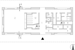  Grundriss Erdgeschoss, M 1 : 400	1	Foyer	2	Mehrzweckraum	3	Bibliothek für Schlaflose	4	Medienwelt Bibliothek	5	Bibliothek	6	Information/Verbuchung	7	Büro	8	Teeküche / Garderobe	9	Treppenraum	10	Sanitärräume	11	Lager	12	Technik 