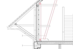  Fassadenschnitt, M 1 : 20	1	Dachaufbau:		Ziegeldeckung		Lattung		Konterlattung		Unterspannbahn		Holzfaserdämmplatte		Sparren		Zwischensparrendämmung		Dampfbremse		Unterkonstruktion		GK-Platte	2	Wandaufbau Obergeschoss:		Holzlamellen (Sonnenschutz)		Fassadenbahn UV-beständig		Außenwandplatte		Holzständerkonstruktion		Wärmedämmung		Dampfsperre		Holzwerkstoffplatte		Unterkonstruktion		Holztragwerk Bestand 	3	Wandaufbau Erdgeschoss:		Dämmbetonaußenwand	4	Fenster:		Fensterlaibung in Sichtbeton und		Holzverkleidung bündig eingelassen		Holzfensterbank		Vertikale Holzlamellen beweglich		Fenster mit Holzrahmen und 		Sonnenschutzverglasung  