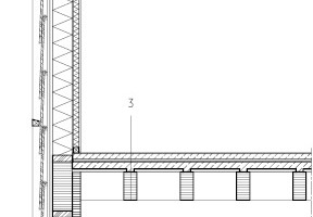  Detailschnitt, M 1 : 75	1	Dachaufbau:		Kupferblech, 0,6 mm 		Trennschicht 		Fichtenholztafel, 27 mm 		Holzlamellen 80x40 mm mit Lüftung 		Dachbahn		Dämmung, 60 mm 		Dämmung zweilagig, 160 mm 		Dampfsperre 		Dreischichtplatte, 27 mm 		Schichtholzbalken, 160x360 mm	2	Fassadenaufbau: 		Holzschindel, 24 mm zwischen Schichtholzrahmen, 185x80 mm 		Holzlamellen, 60x35 mm 		Holzlattung, 150x27 mm 		Windabdichtung 		Mineralwolledämmung 		Dampfsperre 		Dämmung, 60 mm 		Dreischichtplatte innen	3	Deckenaufbau:		Linoleum, 10 mm		Estrich, 70 mm		Dämmung und Fußbodenheizung, 30 mm		Stahlbetondecke, 90 mm		Akustikplatte, 35 mm		Schichtholzbalken, 160x340 mm	4	Fenster: 		Außenrahmen in Kiefernholz		Verglasung		Sonnenschutz	5	Fußbodenaufbau:		Linoleum, 10 mm		Estrich und Fußbodenheizung, 80 mm		Dämmung, 160 mm		Stahlbetondecke, 560 mm 