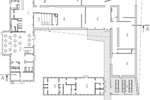  Grundriss EG, M 1 : 1 000↓	1	Eingang	2	Café	3	Kino	4	Ausstellung	5	Büro	6	Überdachte Terrasse	7	Ausbildung	8	Lager  