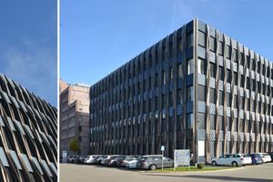  03 Die bestehende Fassade des Züblin Z3 in Stuttgart wurde mit dem speziellen Design des BiPV-Moduls renoviert, um der Architektur des Gebäudes und den deutschen Vorschriften zu entsprechen (Quelle: www.ConstructPV.eu) 