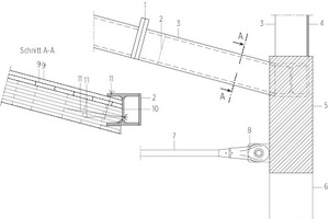  Detail Kuppel (Stütze), M 1:20	1	Trägerstoß	2	Torsions-Schließblech (außen), t=10 mm voll verschweißt	3	HEB 160, seitlich voll angeschweißt an Vollquerschnitt	4	 Torsions-Schließblech, t=10 mm	5	Stahl-Vollquerschnitt Durchmesser 219 mm	6	Stütze Rundrohr Durchmesser 219 mm, T=20 mm	7	Zugstab M30	8	Anschlussblech 93 x 110 x 25 mm mit Bohrung 31 mm	9	Schalung 2 x 20 mm auf Anschlag bis Steg	10	Schwerpunkt HEB 160	11	Regelschub-Verschraubung VG 10x400 mm 