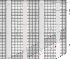  Dachaufsicht, M 1 : 250 	1	Gitterrostauflage auf den Dachelementen im begehbaren Bereich	2	Edelstahlriffelblech	3	Lochblechauflage auf den Dachelementen im nicht begehbaren Bereich	4	Gitterrostauflage	5	Gitterrost gemäß Statik	6	Sekurantensystem 