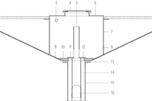  Detailschnitt A, M 1 : 25	1	Dachrand t=8 mm	2	Gitterrost mit Sogsicherung t=30 mm	3	E-Technik Kabeldurchführung:		Konstruktionsrohr Ø=33,7 mm	4	Revisionsöffnung: 		Deckel aus gekantetem Blech t=2 mm	5	Reinigungszugang Fallrohr und Notüberlauf	6	Aufgekantetes Dachblech t= 6 mm	7	Stegblech t=10 mm	8	Perforation der Rippen zur Entwässerung	9	Blech t=6 mm	10	Anschlussblech Dach mit Einlauföffnung t=30 mm	11	Stahlplatte Ø=225 mm, t=10 mm	12	Druckfeste Dichtung	13	Vorschweißflansch	14	Einbauteil mit Ansatzstutzen Entwässerung	15	Stütze Ø=219,1mm, t=8 mm	16	Wartungsöffnung 