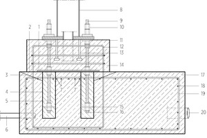  Prinzipschnitt Sockel, M 1 : 25	1	Stahlblech 600/600/10 mm	2	Betonierfuge	3	Einbau für Vergussmörtel	4	Blechwellrohr Ø=125 mm mit unterem Deckel	5	Vergussmörtel	6	Rohr Ø=50 mm	7	Zuglagebewehrung	8	Stütze Ø=219,1 mm t=8 mm	9	Gewindestab Ø=25 mm	10	2 x Gewindemutter	11	Ankermutter und Gewindemutter	12	Stegbügel Ø=10/10 mm	13	4 x Kopfbolzendübel 16/200 mm	14	Stahlbetonsockel	15	Ankerstück und 2 x Kontermutter	16	Ankermutter und Scheibe Ø=80 mm	17	Streifenfundament	18	Bewehrung Ø=10/15 mm	19	Bewehrung 3 x Ø=10/15 mm	20	Ablauf Ø=100 mm 