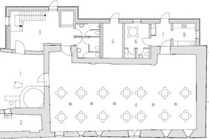  Grundriss Erdgeschoss, M 1 : 333,33	1	Empfang/ Foyer	2	Büro	3	Treppenhaus	4	Frühstück/ Lounge	5	Technik	6	Personal	7	Anlieferung	8	Frühstücksküche 