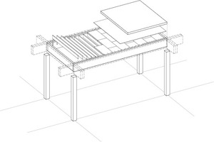  Isometrie zur Tragstruktur o. M.DeckenaufbauAufbeton C25/30, bewehrtOSB/3, Verlegeplatte Nut+FederHolzwolle-Leichtbauplatte mit MineralwolleRippen 40/200 GL24h, e=300 mmHauptträger 2x 120/520 GL24h 