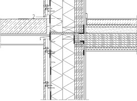  Fassadenschnitt, M 1 : 33,33 	1	Eternit Wellpappe, grau 		Bügel RR Æ 101	2	Insektenschutz	3	Dachaufbau:		Extensive Begrünung		Vlies		Kunststoffabdichtung, UV-beständig		Dämmung		Aluminium Dampfsperre/ Notabdichtung		Brettsperrholz		Luft		Akustik-Filz		GKF	4	Wandaufbau:		GKF		Brettsperrholz		Nutzholz		Winddichtpapier, diffusionsoffen		Nutzholz, hinterlüftet		Lärchenschalung unbehandelt, gehobelt	5	Deckenaufbau:		Parkett		Zement- und Zementfließestrich		Dampfsperre		Trittschall-Dämmplatte		EPS-W 25 plus		BEPS-WD 70N		Abdichtung		STB Bodenplatte		Dämmung  