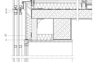  Fassadenschnitt, M 1 : 33	1	Attikaverblechung 1,5 mm	2	Abdeckbrett, Lärche	3	Punktuelle Konsole, feuerverzinkt	4	Aluminiumblech mit Tropfnase 2 mm	5	Aquarpanelplatte 12,5 mm	6	U-Profil 2–3 mm	7	Anschluss Fixverglasung	8	Laufschiene bewegliches Element	9	Haltewinkel fixes Element	10	Holzwolle-Mehrschicht-Dämmplatte 100+35 mm	11	Wellplatte 130/30/3 mm	12	Auflagerwinkel 8 mm	13	Hohlprofil 60/40/3 mm	14	Auflagerwinkel 5 mm	15	Rechteck-Hohlprofil 80/50 mm	16	Flachstahl 2/220 mm 