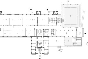  Grundriss Erdgeschoss, M 1 : 1 000	1	Haupteingang	2	Foyer	3	Studiobühne	4	Künstlergarderobe	5	Präsenz Fundus	6	Möbel Fundus	7	Werkstätte Beleuchtung	8	Werkstätte Holz	9	Metallwerkstatt	10	Kostümschneiderei	11	Gewandmeisterei	12	Puppenfundus	13	Eingang Verwaltung/Professoren	14	Technische Leitung	15	Terrasse	16	Theatercafè	17	Bibliothek	18	Probebühne	19	Studentengarderobe	20	Medienstudio	21	Theorie	22	Seminarraum	23	Regie 