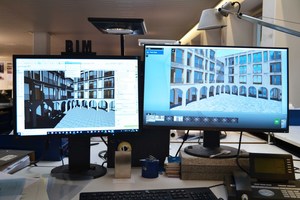  Links auf dem Monitor die BIM-Planung in Archicad, rechts über eine Live-Schnittstelle im Ansichtsfenster des Visualisierungsprogramms. Spiegelungen und Tageslichtsimulationen, Schattenwurf oder Oberflächen lassen sich so darstellen  