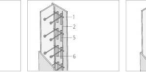  08 Fixierung der Bewehrung an der Schalung bei Stützen↓	1	Schalhaut	2	Bewehrung 	3	Quick-Faserbetonabstandhalter Montage Bipo mit Nagelhülse	4	Kunststoffkappe	5	Quick-Faserbetonabstandhalter Dreika K1	6	Quick-Stützstab mit Faserbetonklötzchen	7	Bewehrungshalterung, Fixierung in einer Bohrung in der Schalhaut 