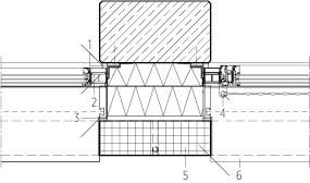  Detailschnitt Fensteranschluss, M 1 : 25<div class="legenden">	1	Kompriband</div><div class="legenden">	2	Fensterelement mit Dreischeibenverglasung, </div><div class="legenden">		Aluminiumprofile thermisch entkoppelt</div><div class="legenden">	3	Führungsschiene Sonnenschutz</div><div class="legenden">	4	Absturzsicherung mit Edelstahlnetz auf Stahlrahmen</div><div class="legenden">	5	Fassadenelement, glatte Oberfläche, hydrophobiert, 3 mm Kanten­radius</div><div class="legenden">	6	Fensterbank, Alu eloxiert, scharfkantig</div> 