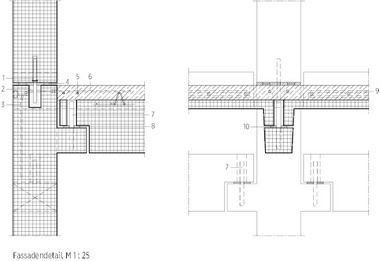  Detail, M 1 : 25<div class="legenden">	1	Dorn Ø 20 mm, L=300 mm</div><div class="legenden">	2	HWR Ø 80 mm, L=150 mm</div><div class="legenden">	3	HBS-05-SG-12 (im Fertigteil)</div><div class="legenden">	4	Montage auf Stahlplättchen / Mörtelfuge 20 mm</div><div class="legenden">	5	Ringanker</div><div class="legenden">	6	HBS-05-A-12 (bauseits, Ortbeton)</div><div class="legenden">	7	Dorn Ø 25-B500S, L=320 mm, HWR Ø 65 mm, Verguss direkt nach der Montage</div><div class="legenden">	8	Elastomerlager</div><div class="legenden">	9	durchlaufende Ankerschienen Fassade</div><div class="legenden">	10	Dorn Ø 20-B500S, L=300 mm, HWR Ø 65 mm</div> 