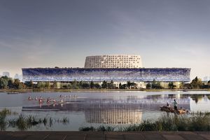  Visual des Museumskomplexes mit Konferenz- und Hotelberg im Zentrum über den Kanal hinweg 