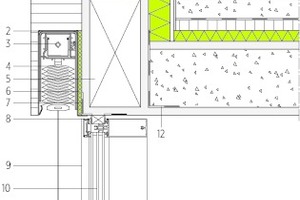  Korkfassade, Fensterdetail, M 1 : 15<div class="legenden">	1	Verkleidung Kork, 20 mm</div><div class="legenden">	2	Unterputzblende mit Kantung zur Fassadenseite, 110 mm</div><div class="legenden">	3	Antrieb für Raffstoren</div><div class="legenden">	4	Raffstore mit Flachlamellen und Seilführung, motorbetrieben, 60 mm</div><div class="legenden">	5	Fassadenbalken zum Anschluss Deckenbalken, 140 x 300 mm</div><div class="legenden">	6	Dämmstreifen WLG 040, 10 mm</div><div class="legenden">	7	Dichtungsband außen (Winddichtigkeit)</div><div class="legenden">	8	Fassadenriegelprofil, 50 mm</div><div class="legenden">	9	Fassadenpfostenprofil, 50 mm</div><div class="legenden">	10	Dreifachverglasung</div><div class="legenden">	11	Stahlstütze Æ 70 bzw. 101,6 mm, weiß</div><div class="legenden">	12	Dichtungsband innen (Dampfdichtigkeit)</div> 