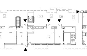  Grundriss Erdgeschoss, M 1 : 750 	1	Zugang Heimeinheiten	2	Gastronomie	3	Veranstaltungsraum	4	Medienwerkstatt	5	Fahrrad-/ Kinderwagenabstellplatz	6	Müllplatz Gastronomie	7	Müllplatz	8	Versunkener Hof	9	Wohneinheiten 