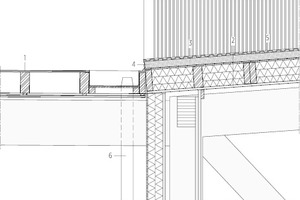  Dachdetail D, M 1 : 50	1	Aufbau:		PVC, 1 cm		OSB, 1,5 cm		Zwischenraum, 28 cm		Dichtungsbahn, 0,5 cm		MDF, 2 cm	2	Aufbau:		PVC, 1 cm		OSB, 1,5 cm		2 x Steinwolle, 10 cm, 50 kg/m²		Steinwolle, 8 cm, 70 kg/m²		Dichtungsbahn, 0,5 cm		Celerit, 3 cm	3	Mikroperforierte Folie	4	Kanal in PVC	5	Trapezblech mit Dämmung, 3,3 cm	6	Regenrohr   