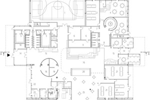  Grundriss Erdgeschoss, M 1 : 500	1	Sporthalle	2	Unterrichtsraum	3	Mezzanin	4	Kunstraum	5	Umkleide	6	Lager	7	Schließfächer	8	Garderobe	9	Gruppenraum	10	Sprinkleranlage	11	Technikraum	12	Konferenz	13	Schulleiter	14	Lobby	15	Aufenthaltsraum	16	Zentraler Aufenthaltsraum	17	Lehrerzimmer	18	Laden	19	Beratung	20	Bühne	21	Mehrzweckraum	22	Bio Lebensmittelgeschäft	23	Büro	24	Küche	25	Café	26	Balkon	27	Sitztreppen	28	Reflexionsraum	29	Offener Bürobereich	30	Backoffice 