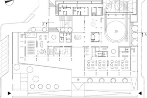  Grundriss Erdgeschoss, M 1 : 1 000		1	Eingangshalle	2	Cafeteria	3	Kantine	4	Sporthalle	5	Umkleidekabinen	6	Lehrerzimmer	7	Biblothekslabor	8	Bibliothek/ Auditorium	9	Informeller Lernraum	10	Musiklabor	11	Kunstlabor	12	Klassenzimmer	13	Sprachlabor	14	Kleiderschrank	15	Gemeinschaftsraum	16 	Einschlussraum	17	Rückzugsraum	18	Obstgarten/ Labor	Draußen	19	Garten	20	Innenhof der Sporthalle	21	Tribünenhof	22	Didaktische Terrasse	23	Laborterrassen 