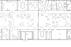  Grundriss Erdgeschoss, M 1 : 500↓ 	1	Anlieferung	2	Wartung	3	Atelier	4	Büro	5	Kollaboratives Arbeiten 	6	Große Halle, Fab Lab	7	Große Halle, öffentliche Caféteria	8	Haupteingang	9	Müllraum	10	Hausanschluss/Technik	11	Ausstellung	12	WC	13	Maschinenlager	14	Montage	15	Großer / Kleiner Seminarraum	16	Lager 