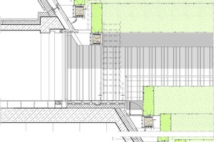  Fassadenschnitt, M 1 : 100	1	Wandaufbau von  innen nach außen:		 Abdichtung (Umkehrdach), Elastomerbitumen 3 mm        Dämmung, Mineralwolle 160 mm        Dampfoffene Folie 2 mm        vertikale Stahlträger zur Aufnahme der Troglasten        vertikale integrierte Technikkanäle        Aluminium Blechverkleidung 2 mm	2	Stahlkonsole 10 mm	3	Pflanztröge aus Stahlblech, verzinkt und beschichtet, Innenabdichtung	4	Befahranlage, handbetrieben, zur Wartung und Pflege, Spezialanfertigung 