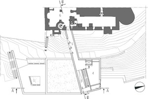  Grundriss 1. Untergeschoss, M 1:750
Legende Grundrisse1&nbsp;&nbsp;&nbsp; Anlieferung2&nbsp;&nbsp;&nbsp; Lager3&nbsp;&nbsp;&nbsp; Treppenhaus4&nbsp;&nbsp;&nbsp; Wechselausstellung5&nbsp;&nbsp;&nbsp; Verbindung zumErweiterungsbau6&nbsp;&nbsp;&nbsp; Gewölbekeller 