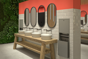  Ob Shopping Mall oder Restaurant – mit dem Franke Produktprogramm aus Waschtischen, Armaturen und Accessores lassen sich Waschräume modern und ästhetisch ausstatten. 