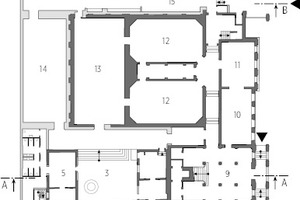  Grundriss Erdgeschoss, M 1 : 750	1	Vorhof	2 	Eingangshalle	3 	Achterplaats	4 	Museumscafé	5	 Garderobe	6 	Tageslichttreppenhaus	7 	Auditorium	8 	Atelier	9	 Zugang Abrahahm-de-Pape-Flügel	10 	Gelbe Periode	11	 Rote Periode	12 	Fine Art Galerie	13 	Ausstellungsraum	14 	Neue Ausstellungsräume	15 	Logistik / Werkstätten 